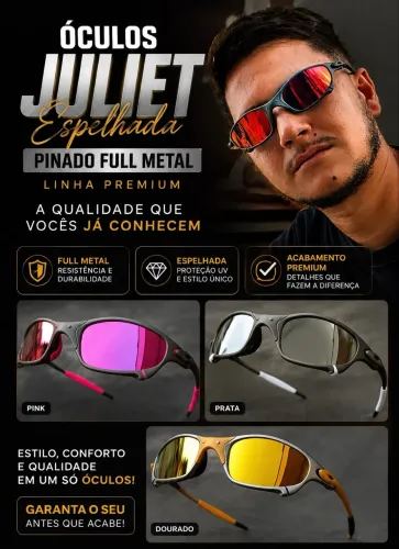 Óculos Juliet Espelhada Pinado full metal linha premium 