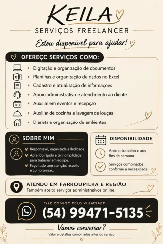 Freelancer para serviços administrativos, diárias e eventos.