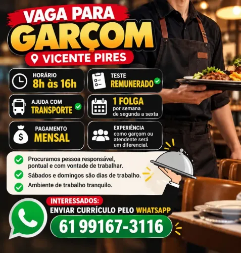 Vaga para Garçom - Vicente Pires