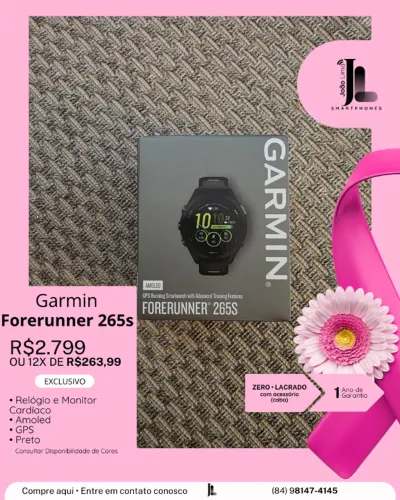 GARMIN FORERUNNER 265S, PRETO, LACRADO, EXCLUSIVO!