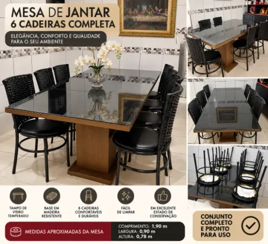 Mesa de Jantar Grande com Tampo de Vidro + 6 Cadeiras - Excelente Estado