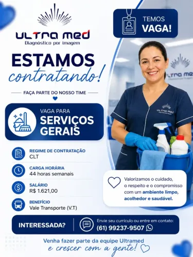 VAGA DE SERVIÇOS GERAIS Com experiência - CLINICA ULTRAMED VALPARAISO