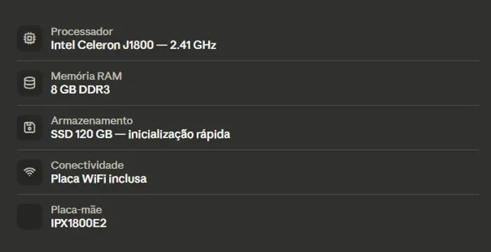 PC Completo - Intel Celeron J1800 | 8GB RAM | SSD 120GB | Wi-Fi