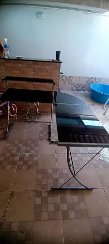 Mesa em L escritório, alumínio e vidro temperado
