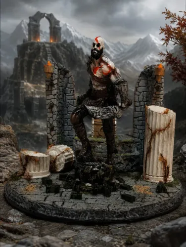 Action figure Kratos em resina pintada na escala aproximada 1:8 em diorama