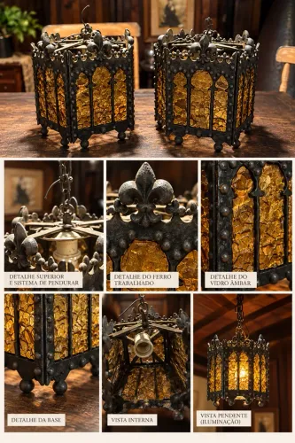 Par de lustres lanterna medieval/gótico em ferro trabalhado, flor-de-lis e vidro âmbar