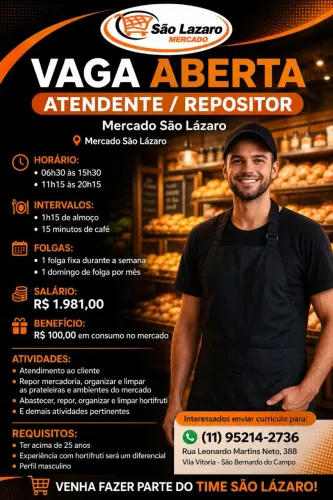 Vaga para repositor Mercearia/Hortifruti