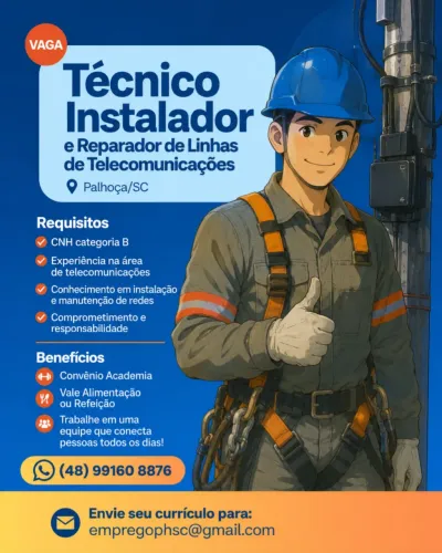 Vaga Técnico Instalador e Reparador de Linhas de telecomunicações