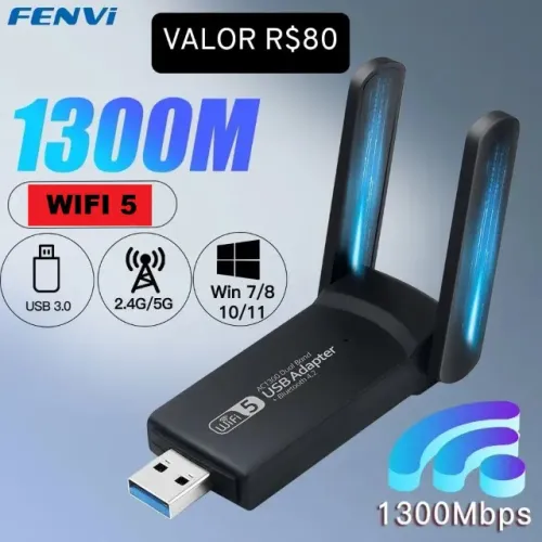 Adaptador Wi-Fi 5 USB dual band com antena