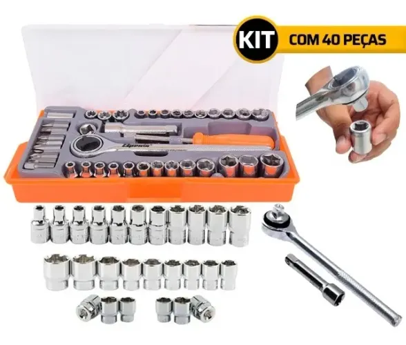 Jogo Chave e Soquete com Catraca Reversível 40 Pçs Sextavado