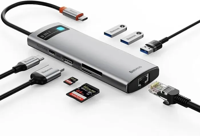 Adaptador (Hub) Baseus (8 em 1) HDMI 4K, USB, Ethernet, SD, TF
