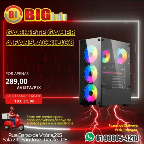 Gabinete Computador Gamer Rgb 4 Fans Vidro 4mm - Em ate 10x Fixas