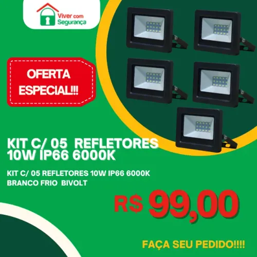 Kit com 05  Refletores 10W IP66 6000k Área Externa Bivolt
