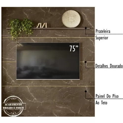 Rack para TV 75'' com Prateleira e Detalhes Dourados