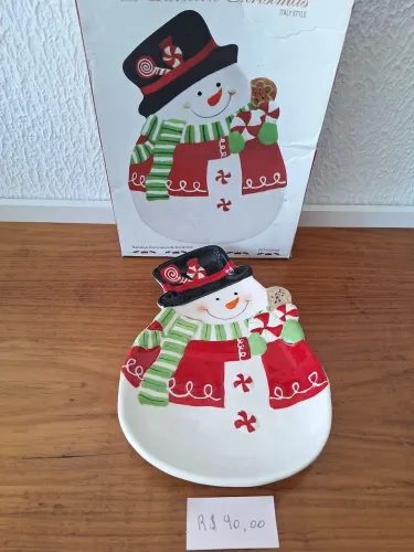 Bandeja Decorativa de Cerâmica - Boneco de Neve Natalino