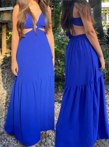 Vestido longo, com bojo, cor azul cobalto, tamanho único