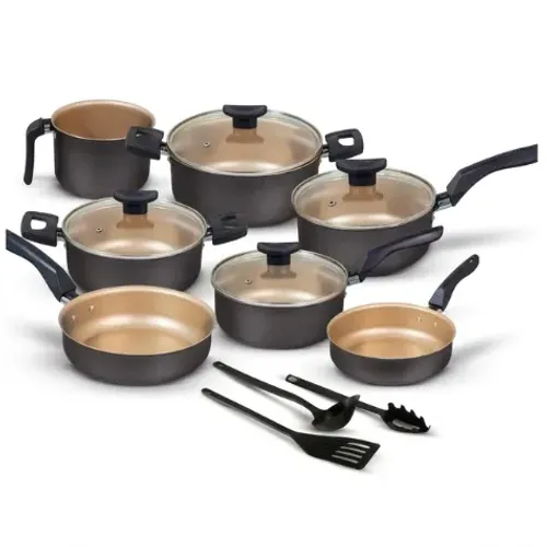 NOVO!! Conjunto Panelas 10 Peças Antiaderente Teflon Tampa Vidro Preto e Bege não gruda