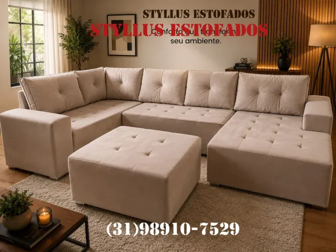 Sofá de canto modelo de luxo com puff