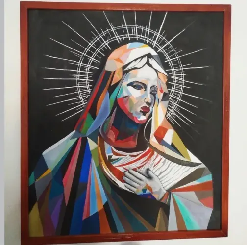 Tela inspirada em Maria mãe de Jesus pintada à mão. Tamanho 1m x 60. Disponível à venda.