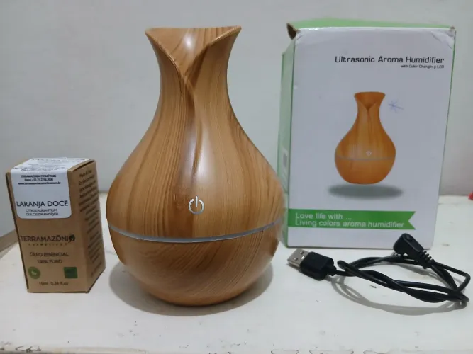 Umidificador Aromatizador Ultrassônico LED 7 Cores + Óleo Essencial Laranja Doce