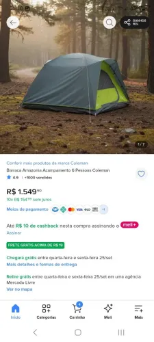 Barraca camping coleman 6 pessoas de 1549,99 por 990,00 em 10x sem juros