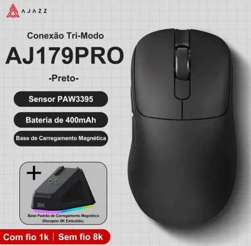 Mouse Gamer Ajazz Aj179 Pro 8k 26000dpi Paw3395 + Dock de Carregamento Preto