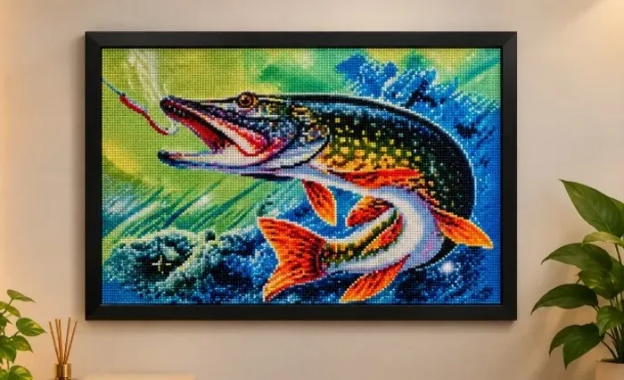 Quadro Artesanal Pintura Diamante Peixes Decorativo com Moldura