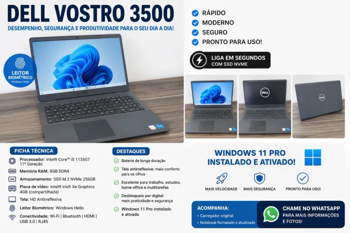 Notebook Dell Vostro 3500 i5 11ª Geração ? Rápido, Moderno e Pronto para Uso ?