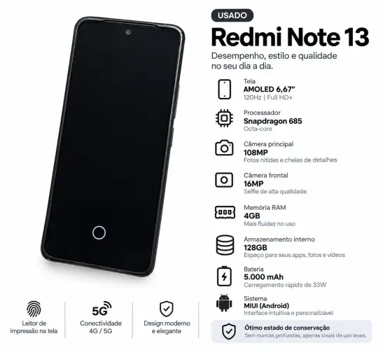Celular Redmi Note 13 128GB - Usado, Muito Conservado - Ótimo Estado