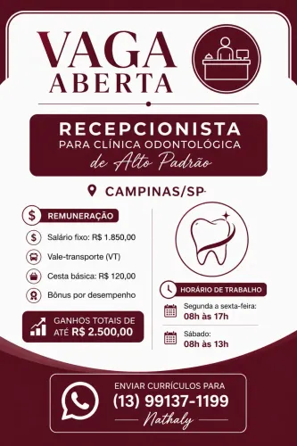 VAGA PARA RECEPCIONISTA EM CAMPINAS