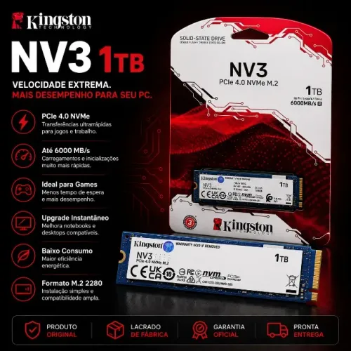 Kingston NV3 1TB NVMe M.2 Upgrade Rápido Para PC e Notebook