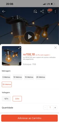 Varal de luzes 25 metros