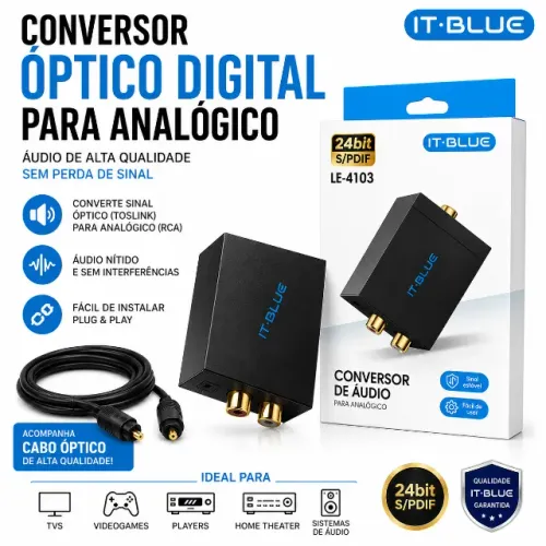 Conversor Óptico Digital Para Analógico com cabo optico incluso