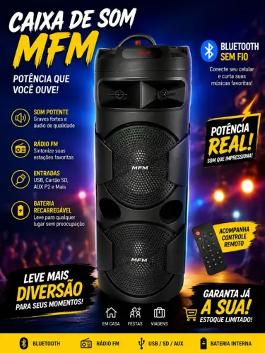 Caixa de som grande Bluetooth AM FM pen drive controle.