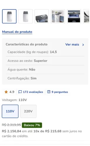 Máquina de lavar roupas Electrolux 14,5
