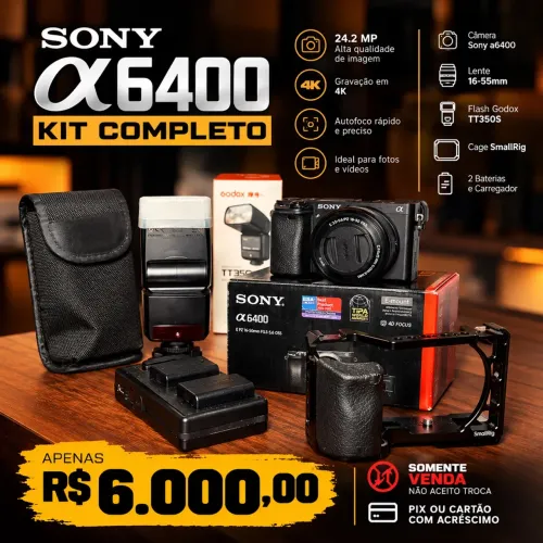 Sony A6400 + Lente 16-50mm + Flash Godox + Cage SmallRig - Kit Completo