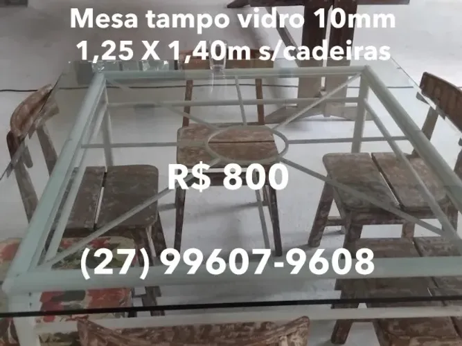 Mesa com tampo de vidro 10mm bisotado - 1,25 X 1,40m. sem cadeiras