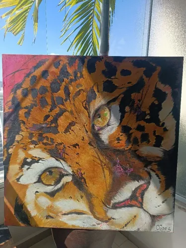 Quadro Pintura Onça-Pintada Tela Grande 1x1m - Obra Original C. Góes
