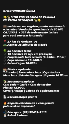VENDE - SE ? SÍTIO COM FÁBRICA DE CAJUÍNA EM PLENA OPERAÇÃO ?