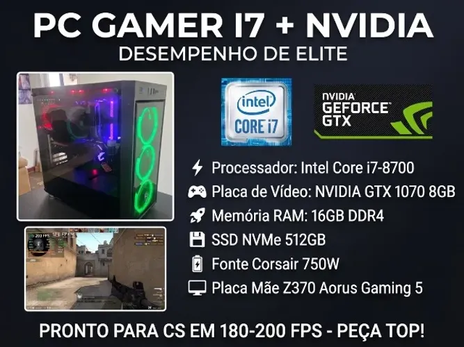 PC Gamer Top i7-8700 / GTX 1070 8GB / 16GB RAM / SSD 512GB NVMe / Rodando CS Liso