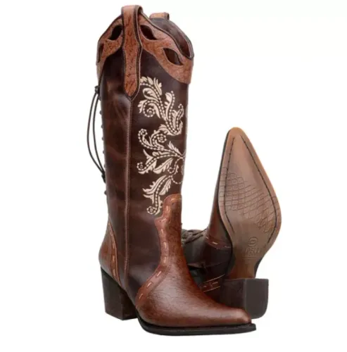 Bota Texana Cano Longo Feminina Country Bordada Em Couro Legitimo