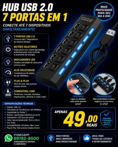 Hub Usb 7 Portas Com Leds & Interruptor Individual