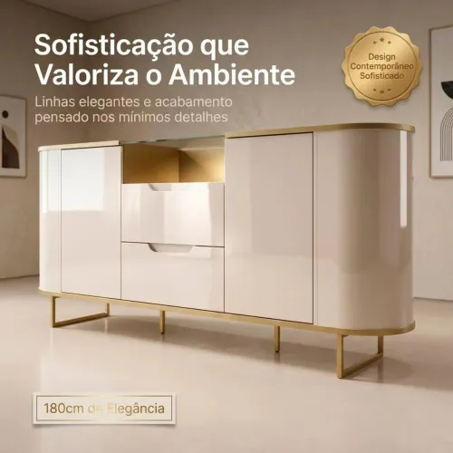 Buffet Sala Jantar 180cm Tampo Vidro Atlanta Lukaliam Off White/Dourado