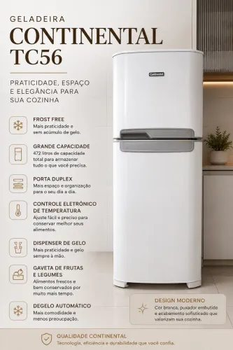 GELADEIRA CONTINENTAL FROST FREE DUPLEX BRANCA 472L