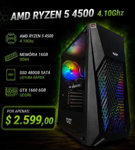 PC Gamer Ryzen 5 4500 4.1Ghz / Mem 16Gb / SSD 480Gb / GTX 1660 6Gb (aceito cartão)
