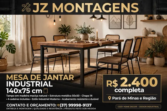 Mesa De Jantar Industrial 140x75 - Madeira Maciça - 50x50 Chapa 14