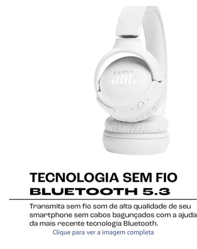 Fone de ouvido JBL no-ear, Tune 520BT sem fio branco