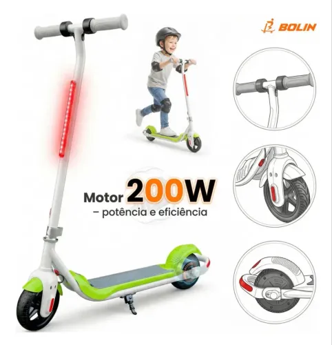 Patinete Elétrico Infantil Bolin KS203, Verde Com Luzes LED e Autonomia de 12 km