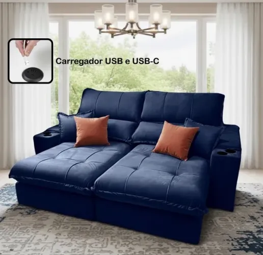 Sofá Retrátil Azul Tech Comfort 2,50 m