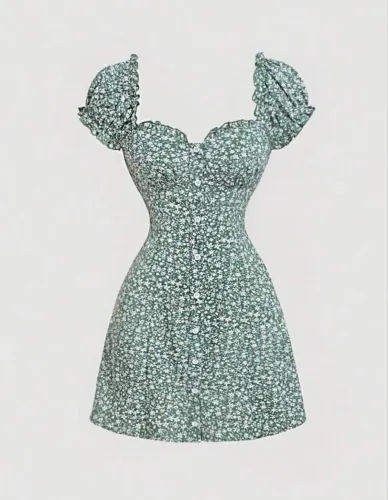 Vestido novo verde floral bojo manga fofa decote vintage 